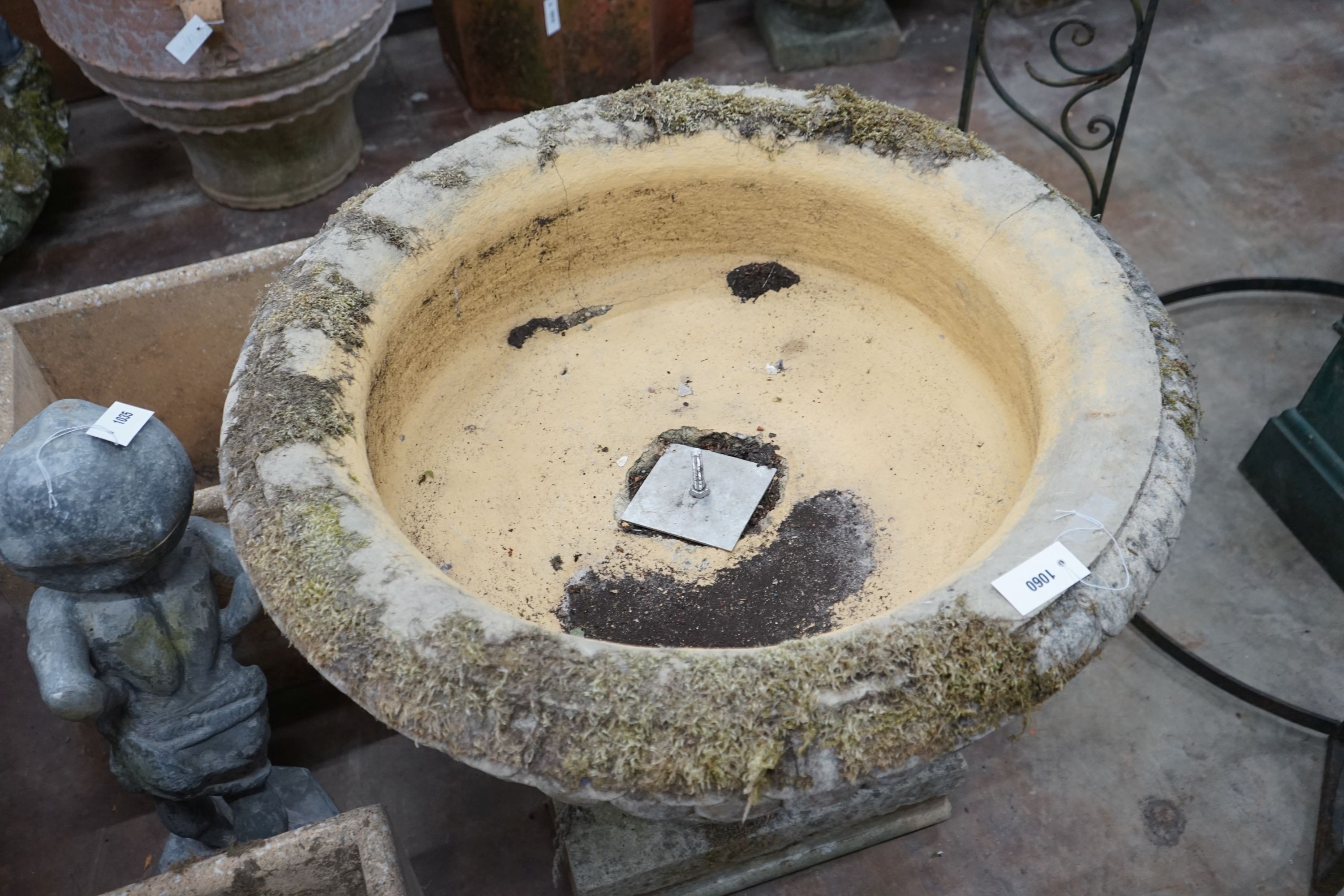 A large circular reconstituted stone campana garden urn, diameter 90cm, height 75cm